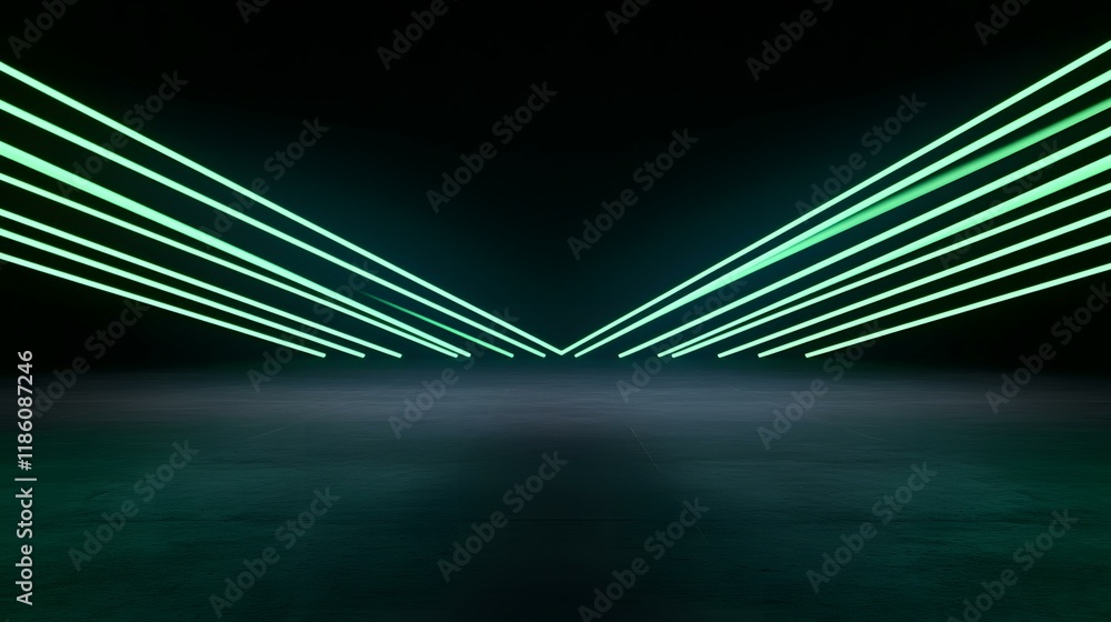 Poster the image shows a dark, empty space illuminated by several parallel lines of bright green neon light