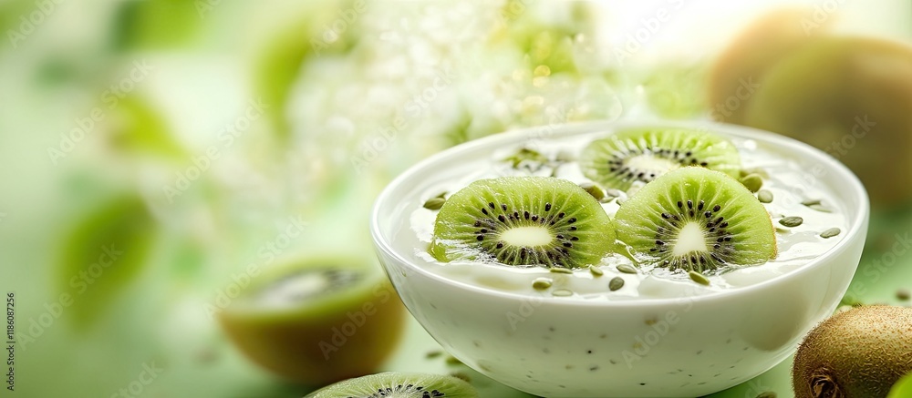 Poster yogurt with kiwifruit sauce. with copy space image. place for adding text or design
