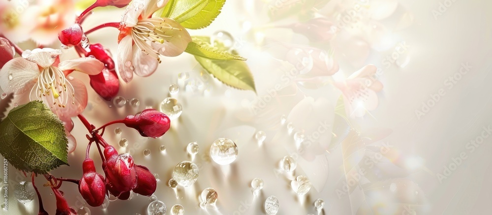 Aufkleber honeysuckle berries with droplets and cherry blossoms on a light backdrop. with copy space image. pl