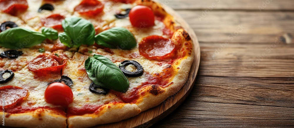 Leinwandbilder italian pizza presented on a wooden table close up. with copy space image. place for adding text or 