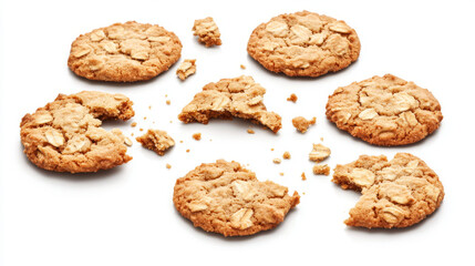 Oatmeal cookies top view, whole and cracked crumble biscuit snack isolated on white background. Homemade round crispy cakes, sweet bakery, cereal pastry, dessert Realistic 3d vector illustration