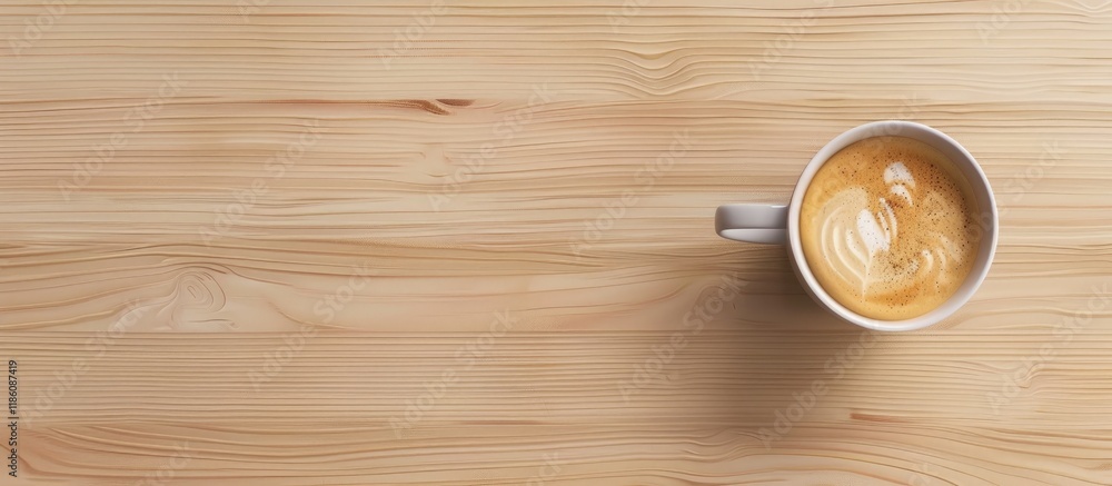 Leinwandbilder close up top view of a hot latte coffee cup on a wooden table overhead view of a coffee cup in the m