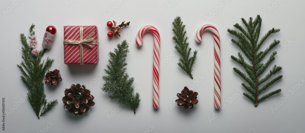 Aufkleber flat lay arrangement of christmas items including candy canes pine and a gift. with copy space image