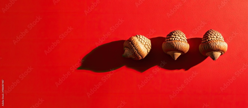 Poster trendy autumn composition with sunlight three acorns arranged in a row on a vivid red backdrop minim