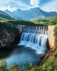 Fototapeta premium Hydroelectric dam with water cascading over, reflecting the balance of nature s force and tranquil beauty