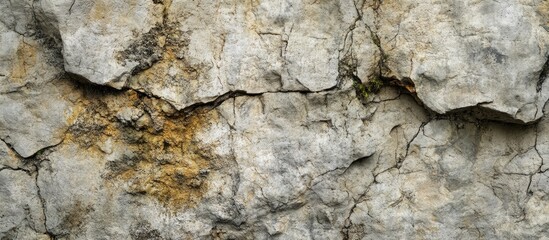 Obraz premium Rock texture image of a cracked weathered limestone cliff wall featuring a unique and rare grunge natural pattern rough gray stone and some dry moss on the surface Copyspace for text and quotes in 