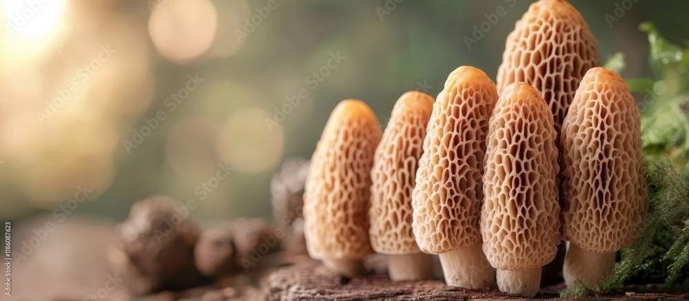 Fototapete morels featuring a brown sponge like cap. with copy space image. place for adding text or design