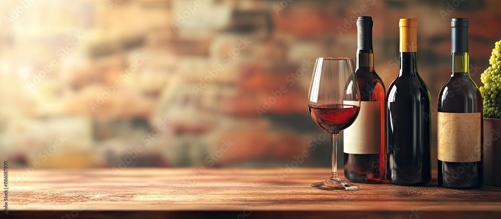 Aufkleber wine bottles and a glass on a table with copyspace background