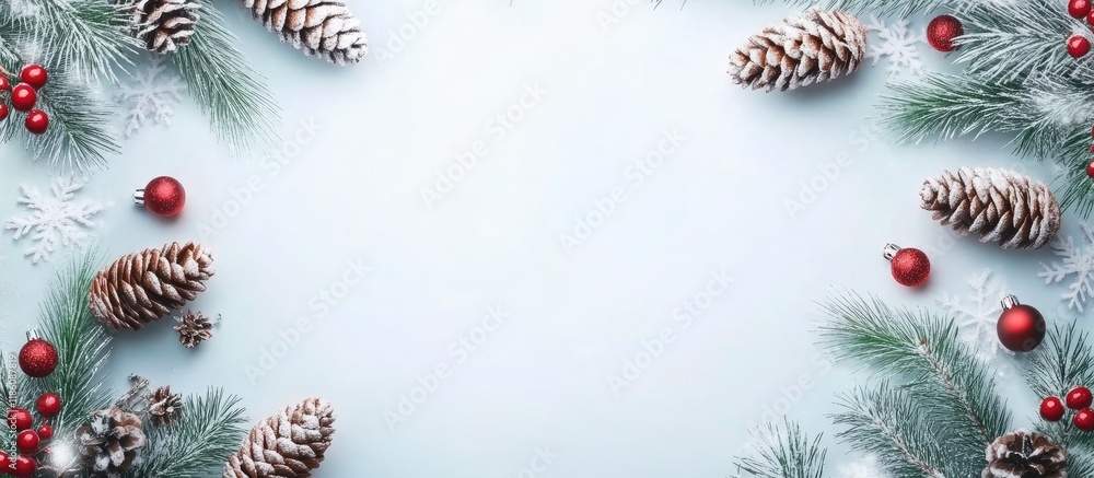 Poster Christmas invitation frame featuring empty copyspace for text with a New Year theme and Christmas cones