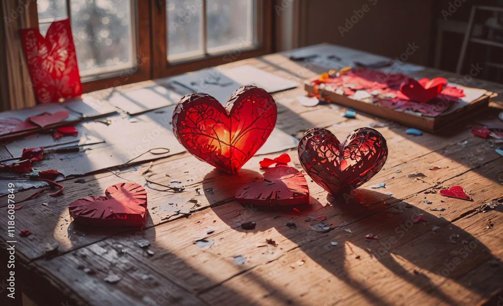 Poster table with three red hearts and a piece of paper with the word love written on it