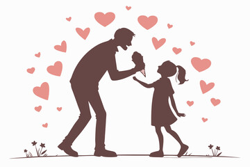 a father and daughter sharing an ice cream cone, surrounded by glowing hearts vector