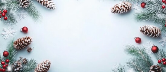 Christmas invitation frame featuring empty copyspace for text with a New Year theme and Christmas cones