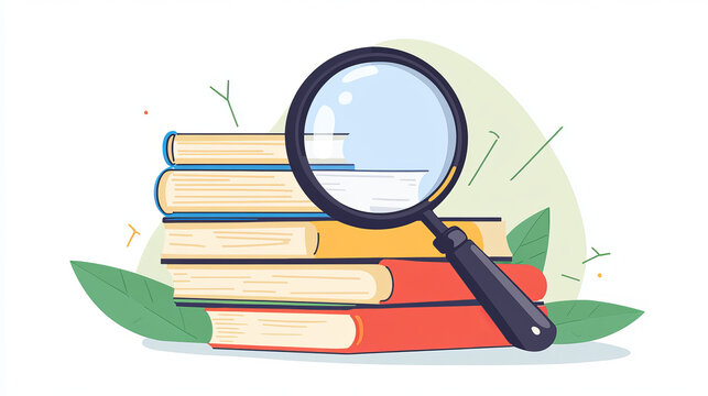 Books pile with magnifying glass for education, data research and information search concept. Realistic vector closed and open books in stack with magnifier. School or business literature mockup