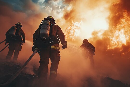 A determined firefighter standing at the edge of a blazing wildfire, equipped with a fire rake, amidst glowing flames and a dramatic smoky forest landscape at night.