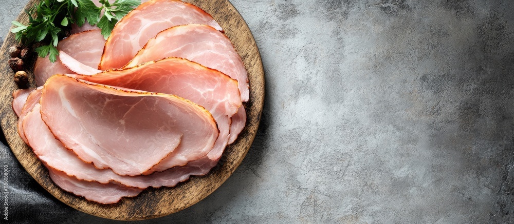 Poster thin slices of pork ham resting on a wooden kitchen table gray backdrop top view. with copy space im