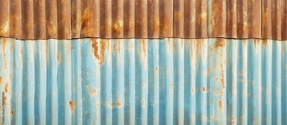 Poster Rusty corrugated metal texture or galvanized steel texture featuring beige and blue colors abstract background. with copy space image. Place for adding text or design