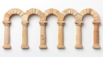 A photostock of classic archways made from weathered stone, arranged symmetrically on a clean white background, historic and detailed, High Quality