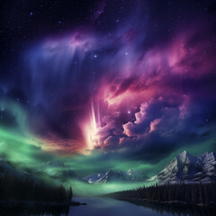 Obraz premium Northern Lights Aurora Borealis over Snowy Mountains and Lake