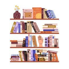 Book shelves. Many novels, textbooks, encyclopedias, study and fiction literature on bookshelf. Home library for knowledge, education, reading. Flat vector illustration isolated on white background © Good Studio