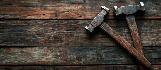 A pair of claw hammers on an antique wooden board copy space construction concept