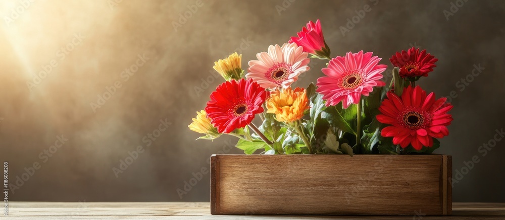 Fototapete beautiful vibrant flowers in a wooden box sit on a table in sunlight showcasing a simple arrangement