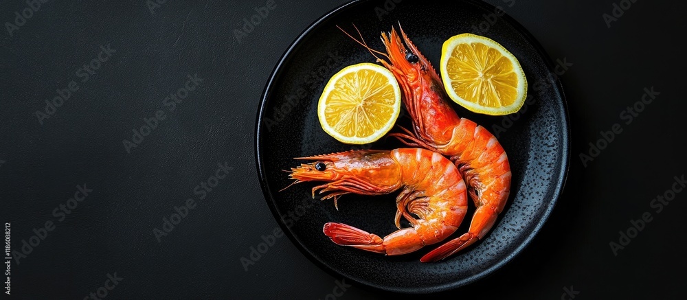 Aufkleber shrimp with lemon on a plate against a black background top view free copyspace