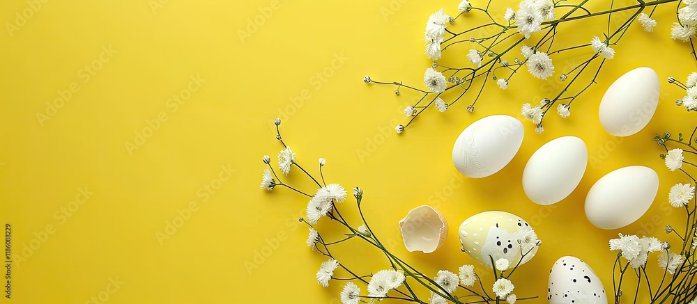 Fototapete Minimalistic Easter backdrop White Easter eggs shells and flowers set against a bright yellow background Card with space for text Top view. with copy space image. Place for adding text or design