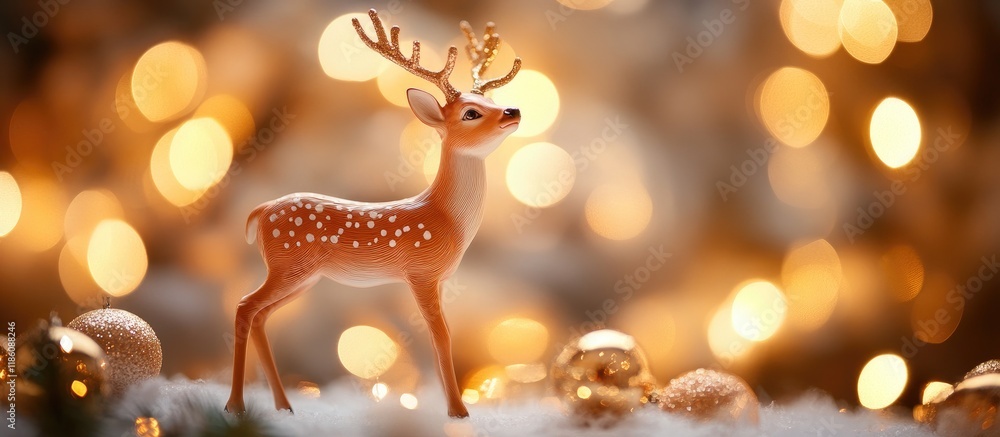 Poster Decorative figurines for Christmas Christmas deer Ornaments for the tree Festive decorations with warm bokeh lights. with copy space image. Place for adding text or design