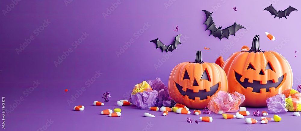 Poster Pumpkins candy corn and paper bats on a table set against a lilac background with room for text Halloween banner. with copy space image. Place for adding text or design