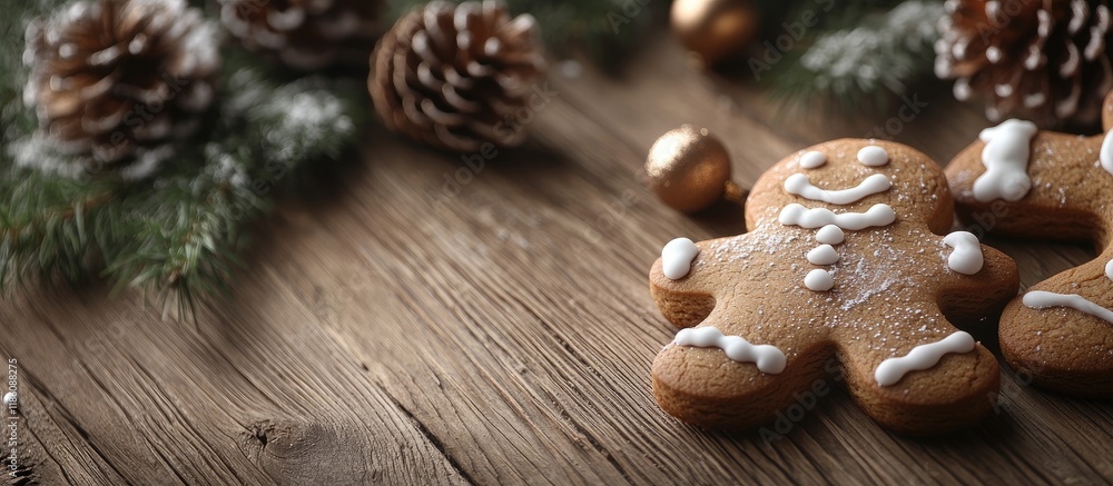 Poster christmas homemade gingerbread cookie and handcrafted decoration on a wooden background. with copy s