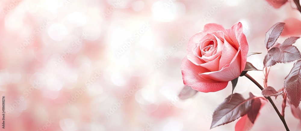 Fototapete Pink rose in autumn on a white background Accompanied by a blurred image of printed monotone roses. with copy space image. Place for adding text or design