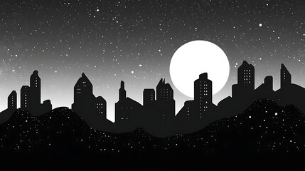 A monochrome city skyline under a starry night with a large moon.