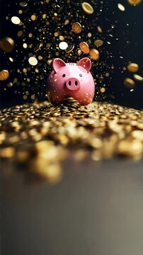 Pink piggy bank on gold coins with scattered golden pieces flying in the air representing Employee Provident Fund, EPF account savings, employee benefits, and financial growth