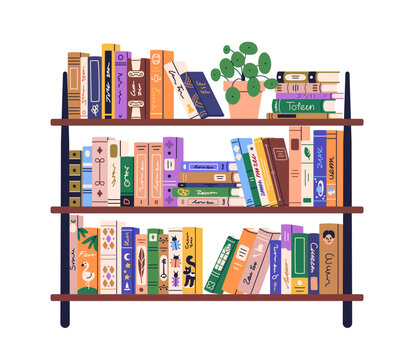 Bookshelf with books. Wall shelf, home library. Bookcase with education literature, many novel spines standing vertical and stacked in rows. Flat vector illustration isolated on white background