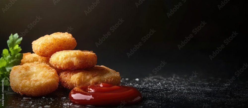 Aufkleber Chicken nuggets served with ketchup sauce. with copy space image. Place for adding text or design