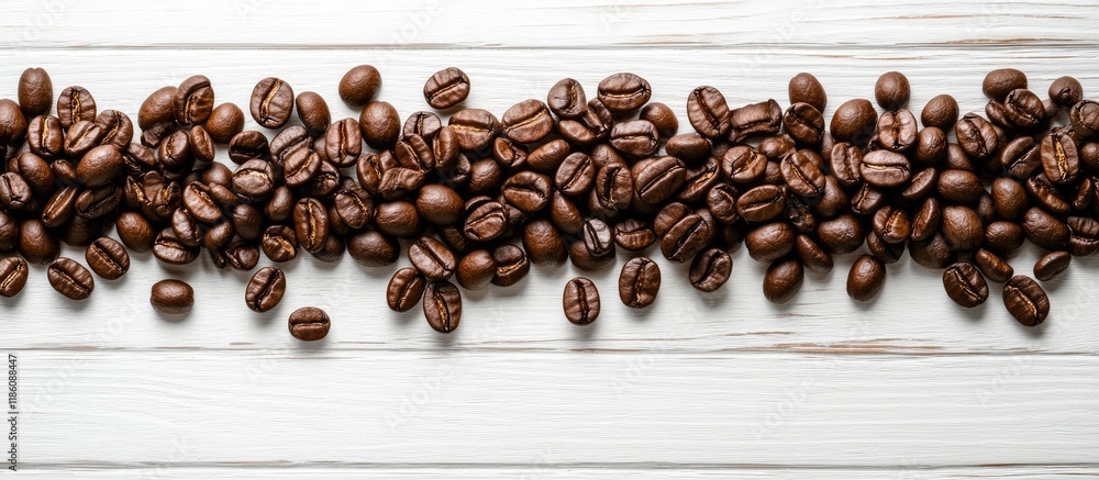 Aufkleber coffee beans framing the background close up of roasted coffee beans on a white wood texture backdro