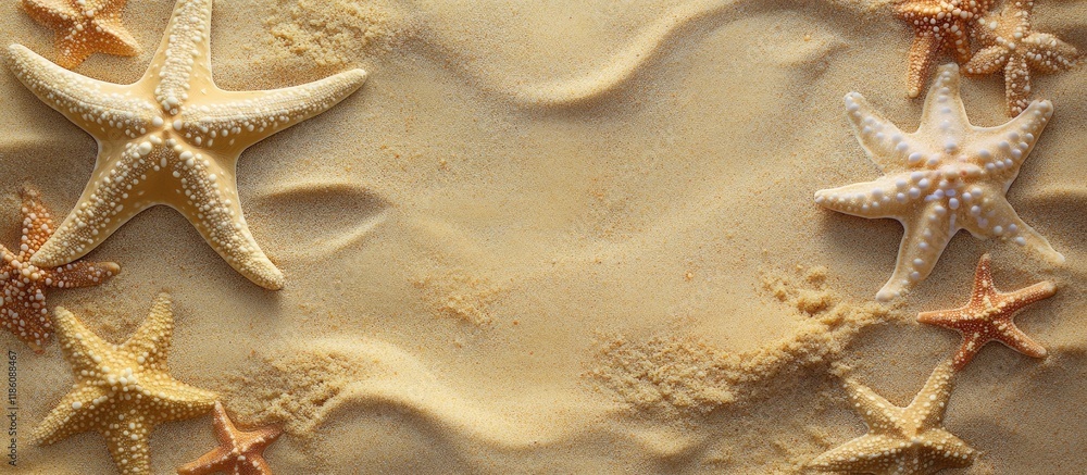 Poster Starfish on a sandy background starfish border. with copy space image. Place for adding text or design