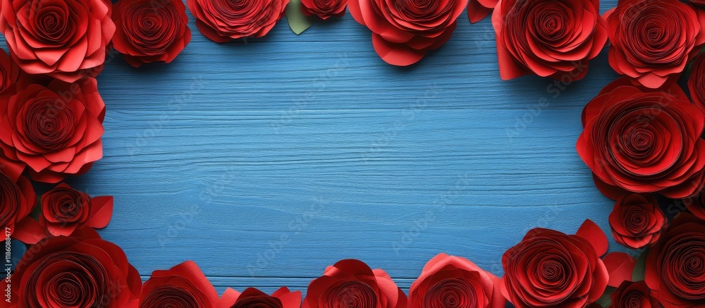 Aufkleber top view of a bordered frame created with red paper roses blue wooden surface holiday background fea
