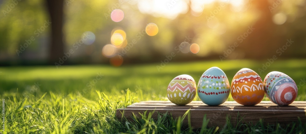 Aufkleber a set of painted easter eggs celebrating a happy easter is placed on cut grass next to a wooden benc