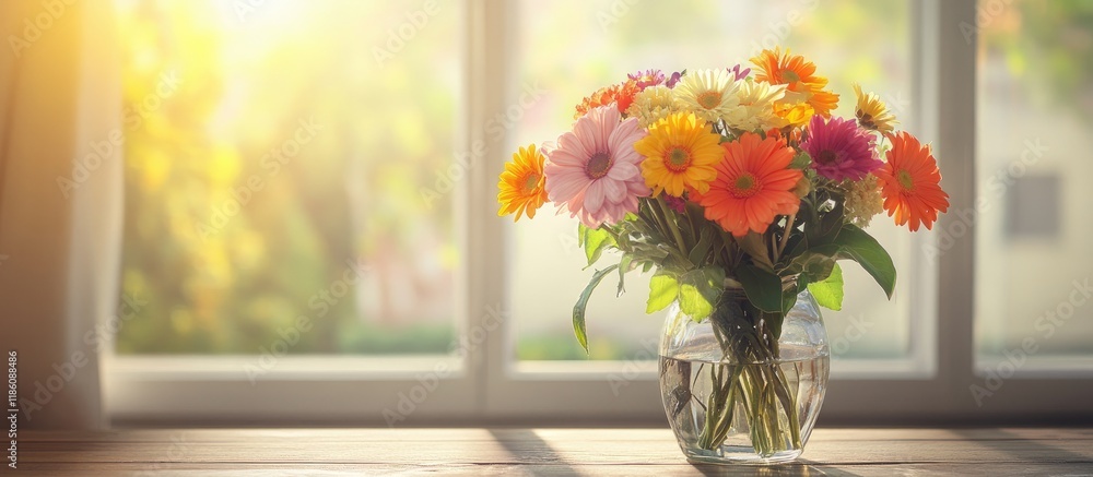 Leinwandbilder a vibrant flower bouquet in a glass vase on a workspace table either at home or in an office with su