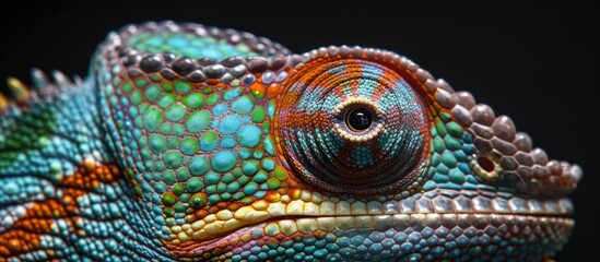 Fototapeta premium A chameleon portrait Macro photograph of details skin eyes head and colors Chamaeleo chamaeleon Observing an insect. with copy space image. Place for adding text or design