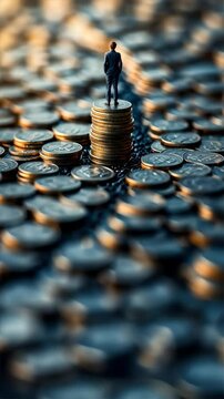 Person standing atop stacks and piles of coins symbolizing Employee Provident Fund, EPF account benefits, employee savings, and financial success