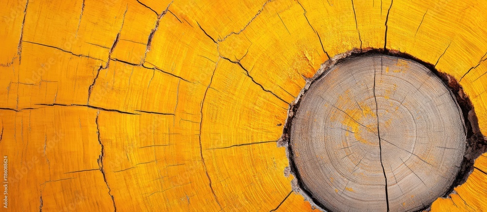 Poster top view shot of a large yellow tree cross section showing annual rings and cracks in the wood stump