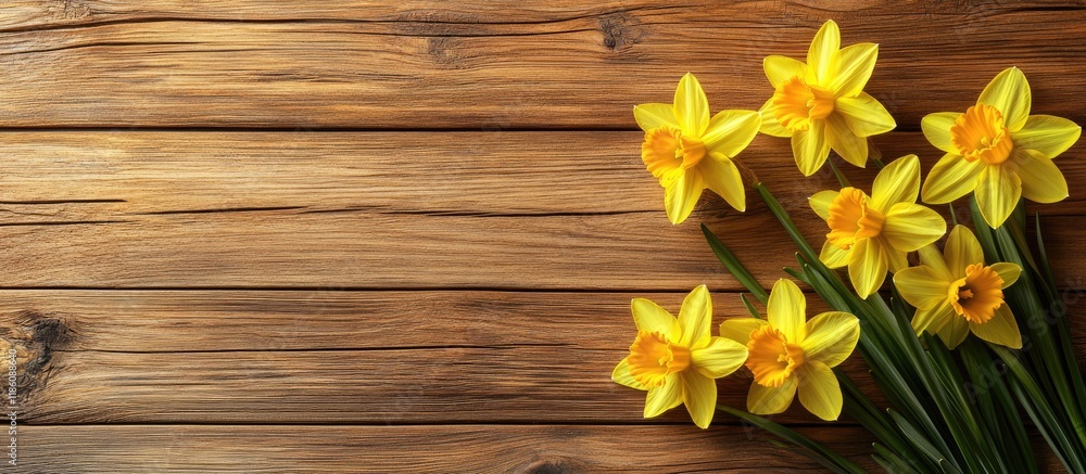 Aufkleber yellow daffodils on a wooden surface captured from above with room for text flat lay top view copy s