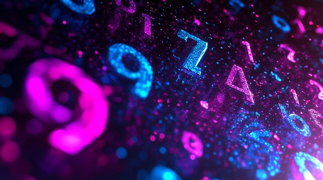 Cyberpunk-inspired number matrix with oversaturated purple and blue neon digits floating in a dark void. Multiple layers of translucent numbers overlap creating a holographic effect, with some digits