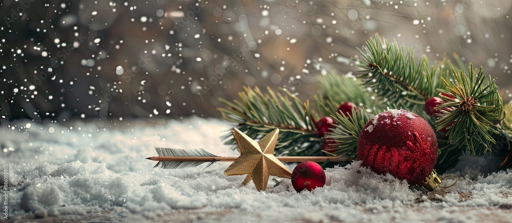 Poster Christmas still life featuring an arrow and fir tree star and balls resting on snow. with copy space image. Place for adding text or design