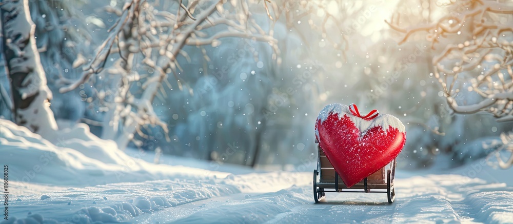 Poster heart shaped gift box on a sleigh in a snowy forest background for valentine s day. with copy space 