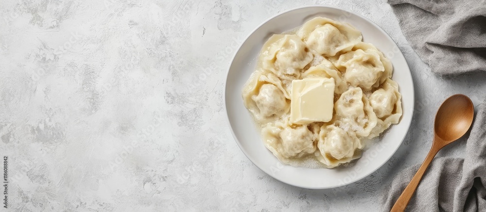 Leinwandbilder russian and ukrainian dishes lazy dumplings served with sugar butter and sour cream in a white plate