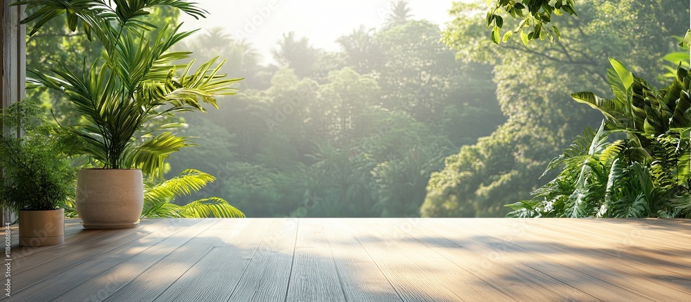 Poster Balcony and Terrace with a Blurry Nature Background. with copy space image. Place for adding text or design