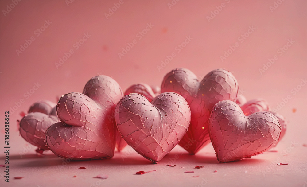 Poster group of pink hearts are arranged in a row. the hearts are slightly damaged, with some of them havin